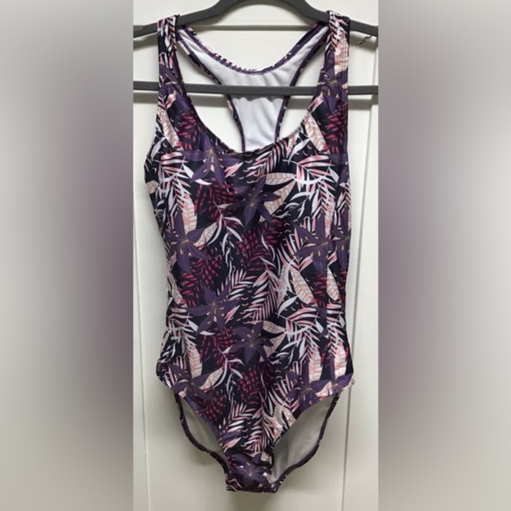 Nicole Miller purple floral raspberry sorbet Racerback One-piece Swimsuit M NWT